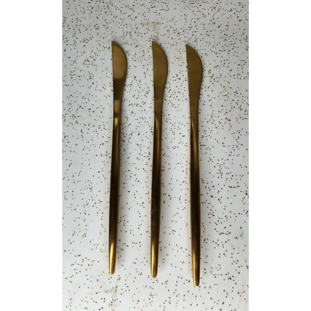 Gold Tone Stainless Steel Contemporary Flatware 3 Knives w/ Serrated Edges Lot